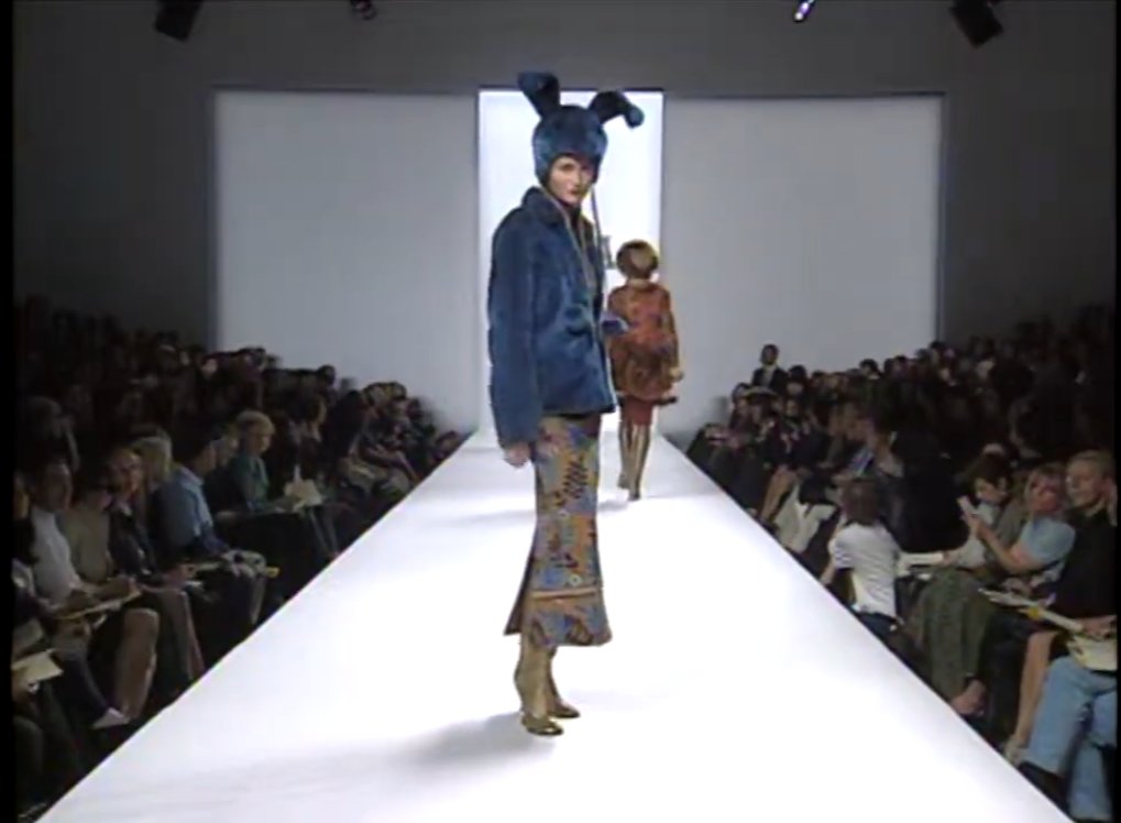 Milliner James Coviello made the show’s animal hats with Sui, including the teddy bears, bunnies and a felt crown. He also built a pantomime horse look, complete with a faux fur horse.