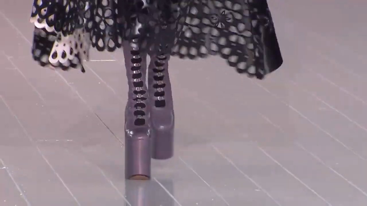 The Kiki platform boot, with its towering sole, buckle straps and lace-up front, made its runway debut in this show.