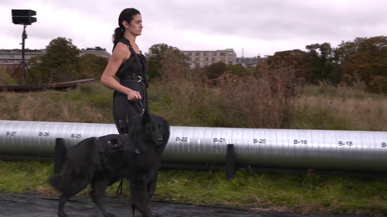 Model walking a black dog wearing a military-style vest, on a leash with Serre’s crescent-moon logo.