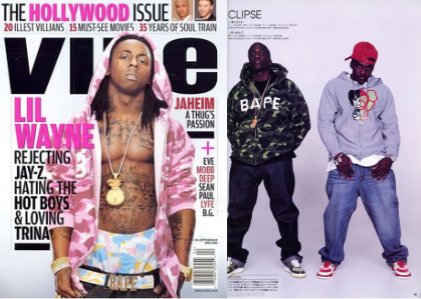 Pusha T starts receiving boxes of BAPE from NIGO, through Pharrell (2002) → Lil Wayne wears BAPE on the cover of Vibe (April 2006) → Clipse release “Mr. Me Too,” featuring Pharrell (May 2006) → Lil Wayne tells Complex that he, not Pharrell, made BAPE hot (Late 2006) → Pusha T’s “Exodus 23:1” catches Wayne in the crossfire, and Wayne answers with “Goulish” (May 2012)